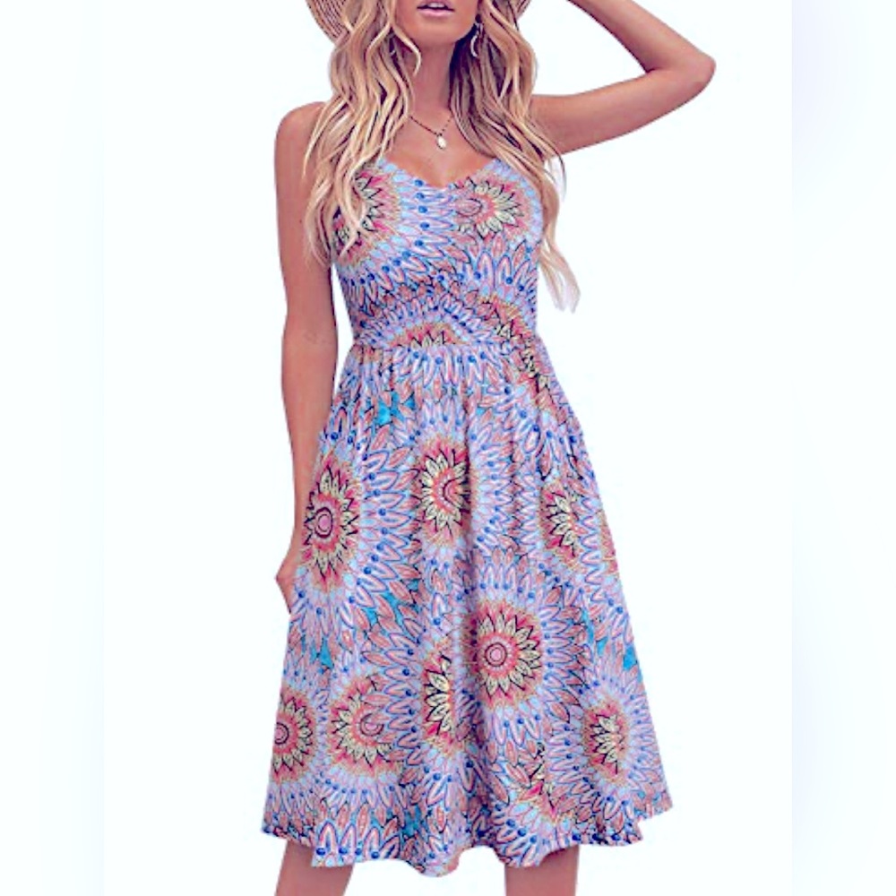 Spaghetti Strap Sundress Dress XL Patterned Pocket Colorful Floral Casual Summer